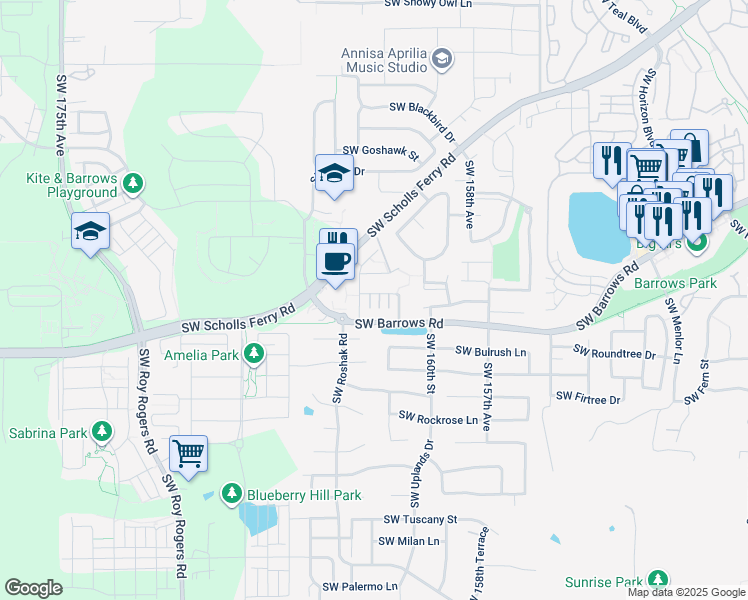 map of restaurants, bars, coffee shops, grocery stores, and more near 102 Southwest Night Heron Lane in Beaverton