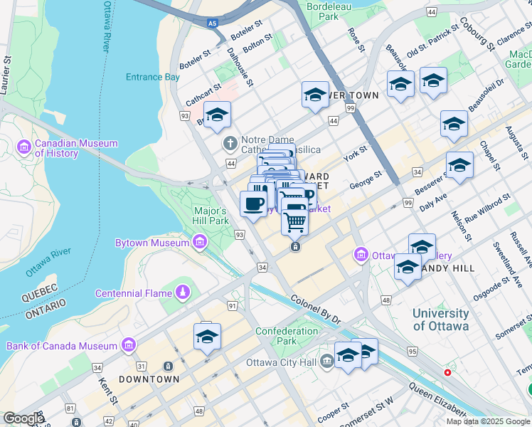 map of restaurants, bars, coffee shops, grocery stores, and more near 24 York Street in Ottawa