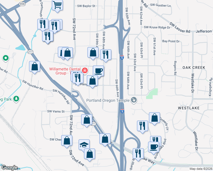 map of restaurants, bars, coffee shops, grocery stores, and more near 6752 Southwest Hampton Street in Tigard