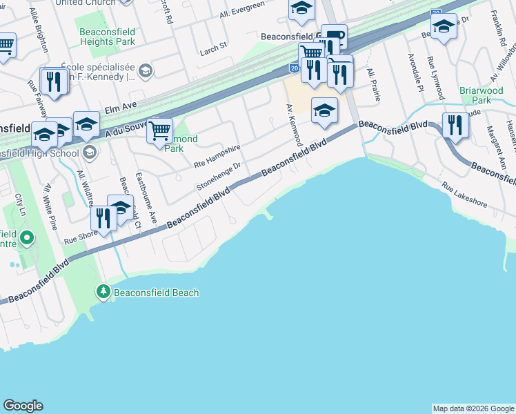 map of restaurants, bars, coffee shops, grocery stores, and more near East Gables Court in Beaconsfield