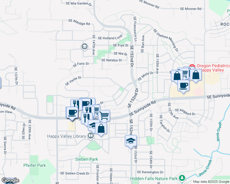 map of restaurants, bars, coffee shops, grocery stores, and more near 14919 Southeast Donley Lane in Happy Valley