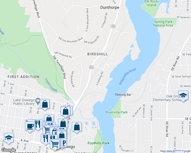map of restaurants, bars, coffee shops, grocery stores, and more near 13581 South Fielding Road in Lake Oswego