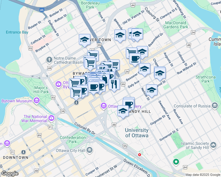 map of restaurants, bars, coffee shops, grocery stores, and more near 195 Besserer Street in Ottawa