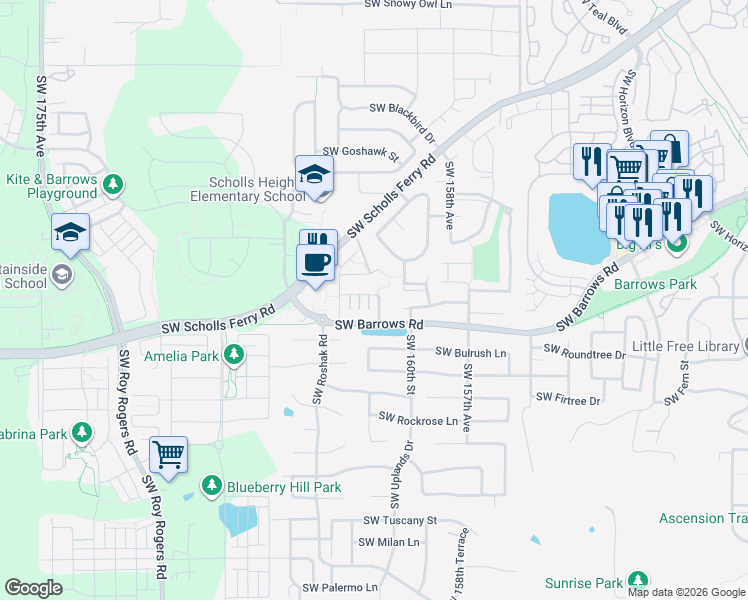 map of restaurants, bars, coffee shops, grocery stores, and more near 12805 Southwest Merganser Lane in Beaverton