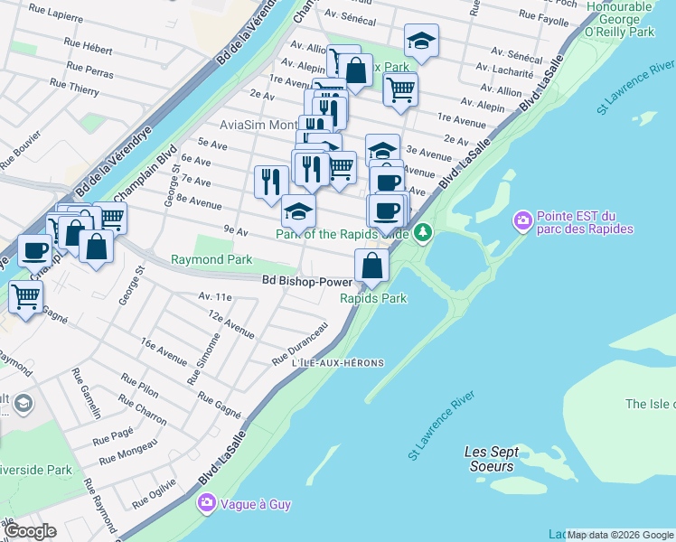 map of restaurants, bars, coffee shops, grocery stores, and more near 189 Boulevard Bishop-Power in Montréal