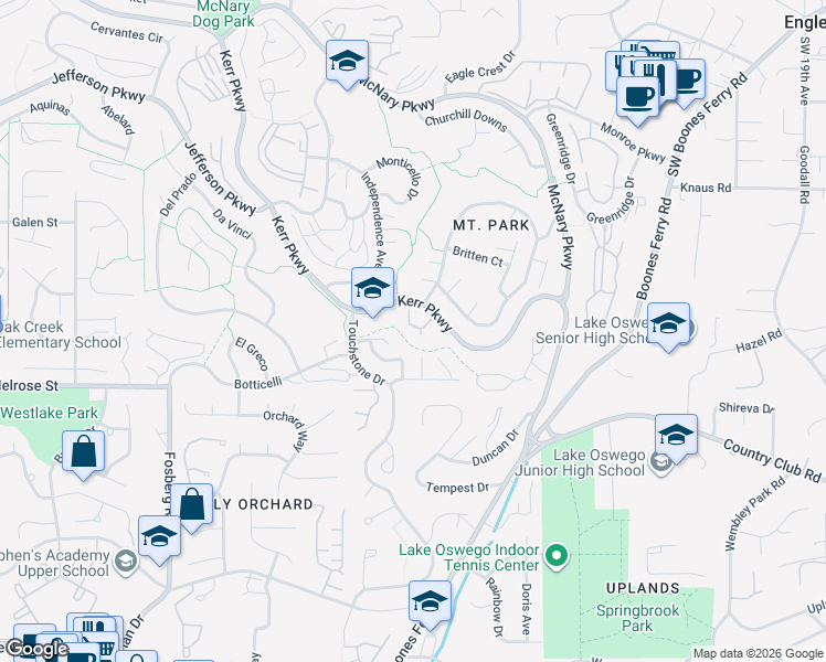 map of restaurants, bars, coffee shops, grocery stores, and more near 100 Kerr Parkway in Lake Oswego