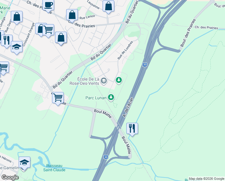 map of restaurants, bars, coffee shops, grocery stores, and more near 8445 Rue de Londres in Brossard