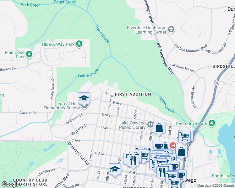 map of restaurants, bars, coffee shops, grocery stores, and more near 853 G Avenue in Lake Oswego