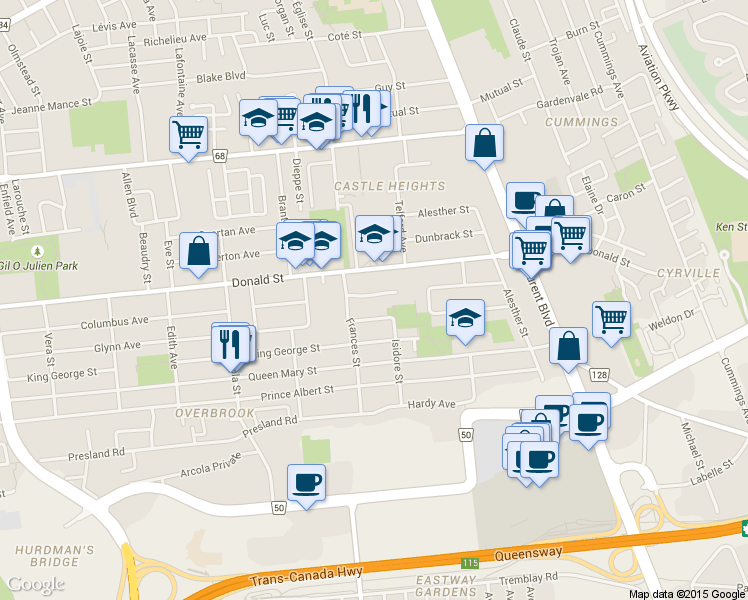 map of restaurants, bars, coffee shops, grocery stores, and more near 480 Newman Avenue in Ottawa