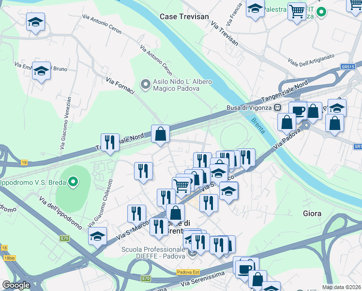 map of restaurants, bars, coffee shops, grocery stores, and more near 12 Via Pietro Micca in Padova