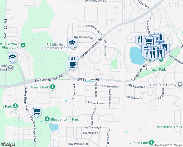 map of restaurants, bars, coffee shops, grocery stores, and more near 12805 Southwest Merganser Lane in Beaverton