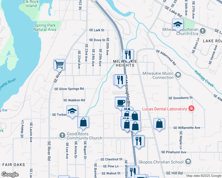 map of restaurants, bars, coffee shops, grocery stores, and more near 2521 Southeast Linden Place in Milwaukie