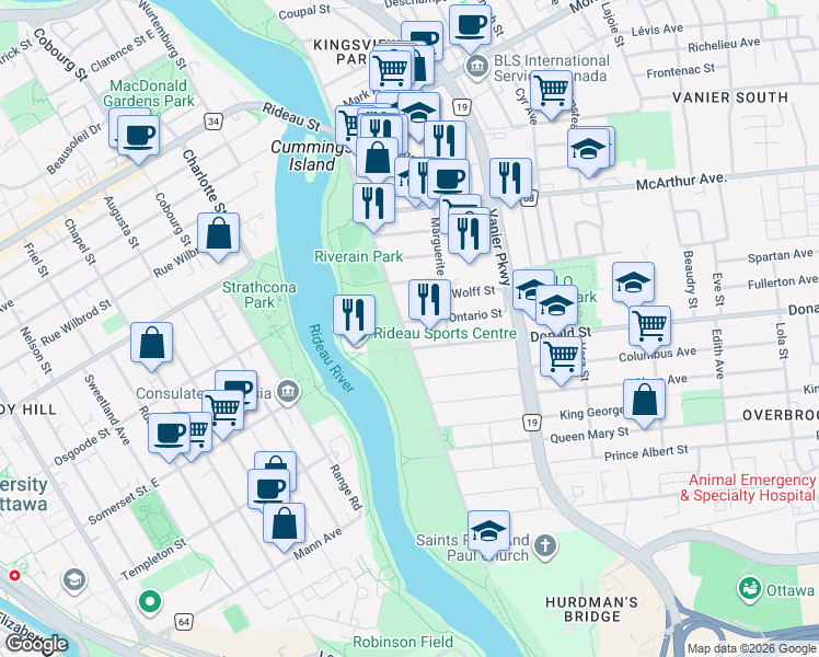 map of restaurants, bars, coffee shops, grocery stores, and more near 959 North River Road in Ottawa