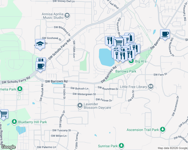map of restaurants, bars, coffee shops, grocery stores, and more near 15458 Southwest Mallard Drive in Beaverton