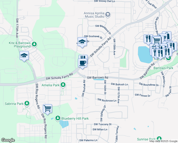 map of restaurants, bars, coffee shops, grocery stores, and more near 102 Southwest Night Heron Lane in Beaverton