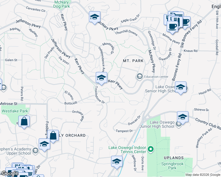 map of restaurants, bars, coffee shops, grocery stores, and more near 100 Kerr Parkway in Lake Oswego