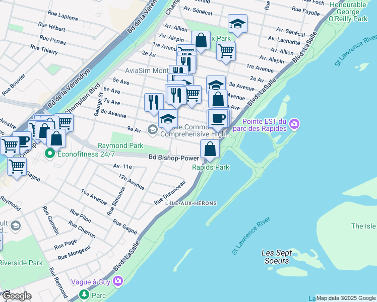 map of restaurants, bars, coffee shops, grocery stores, and more near 189 Boulevard Bishop-Power in Montréal