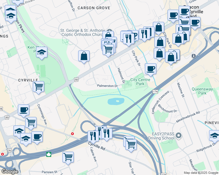 map of restaurants, bars, coffee shops, grocery stores, and more near 1442 Palmerston Drive in Ottawa