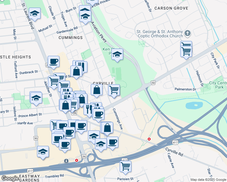 map of restaurants, bars, coffee shops, grocery stores, and more near 90 Strathaven Private in Ottawa