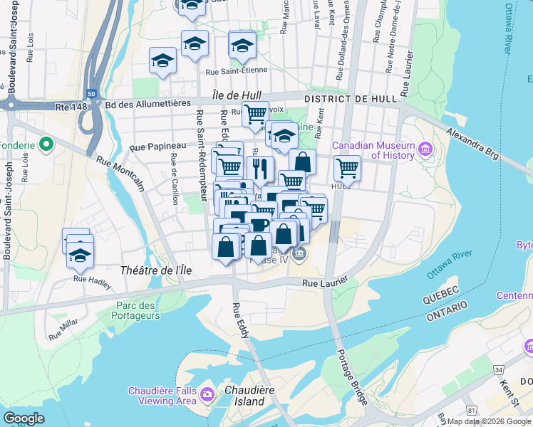 map of restaurants, bars, coffee shops, grocery stores, and more near 52 Rue de l'Hôtel-de-Ville in Gatineau