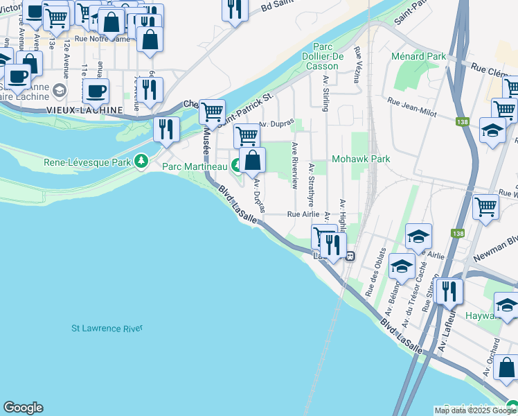 map of restaurants, bars, coffee shops, grocery stores, and more near 10 Avenue Dupras in Montréal