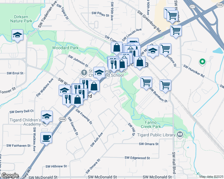 map of restaurants, bars, coffee shops, grocery stores, and more near 9305 Southwest Maplewood Drive in Portland