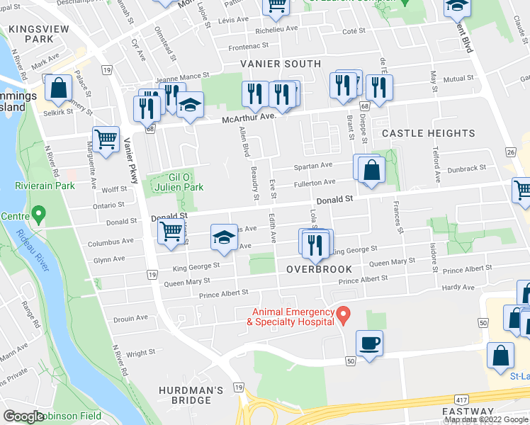 map of restaurants, bars, coffee shops, grocery stores, and more near 294 Donald Street in Ottawa