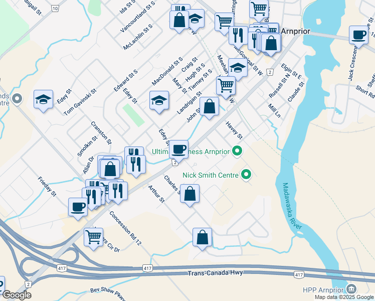map of restaurants, bars, coffee shops, grocery stores, and more near 133 Daniel Street South in Arnprior