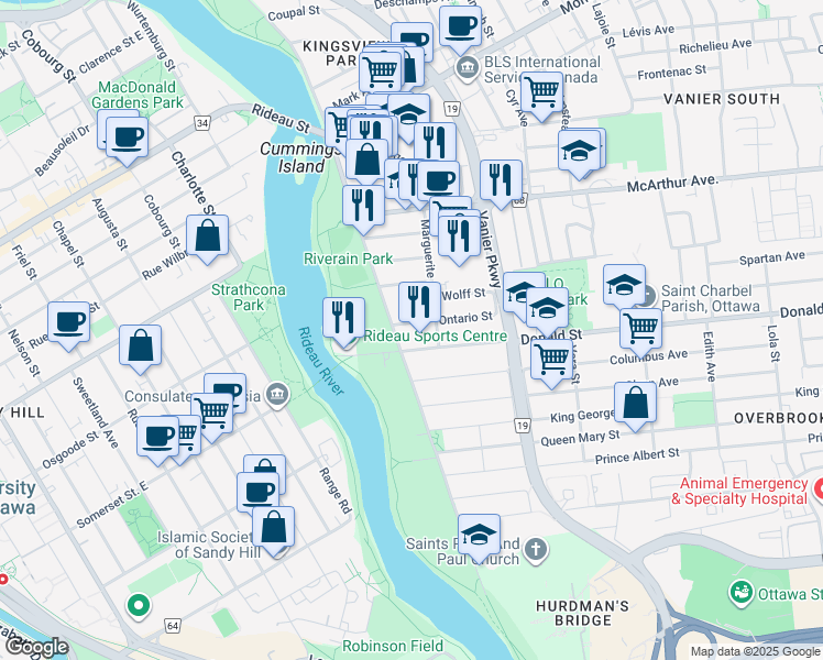 map of restaurants, bars, coffee shops, grocery stores, and more near in Ottawa