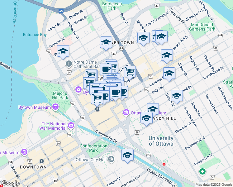 map of restaurants, bars, coffee shops, grocery stores, and more near in Ottawa