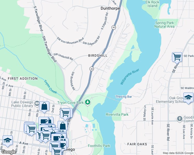 map of restaurants, bars, coffee shops, grocery stores, and more near 13581 South Fielding Road in Lake Oswego