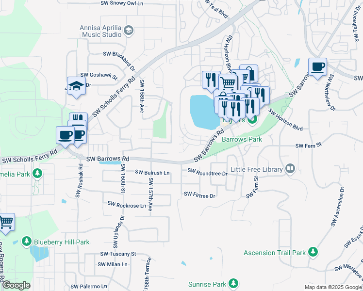 map of restaurants, bars, coffee shops, grocery stores, and more near 12800 Southwest Harlequin Drive in Beaverton