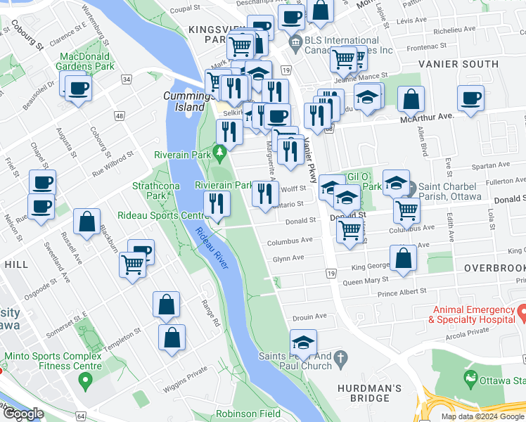 map of restaurants, bars, coffee shops, grocery stores, and more near in Ottawa