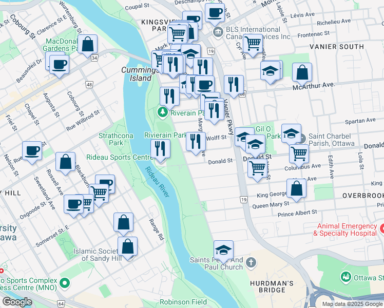 map of restaurants, bars, coffee shops, grocery stores, and more near in Ottawa