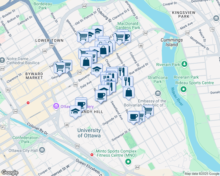 map of restaurants, bars, coffee shops, grocery stores, and more near 275 Laurier Avenue East in Ottawa