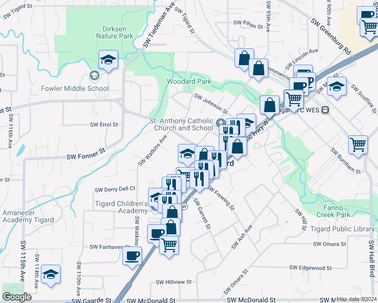 map of restaurants, bars, coffee shops, grocery stores, and more near 12805 Southwest Grant Avenue in Tigard