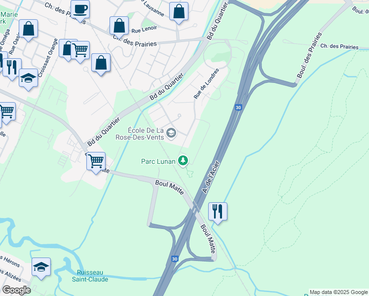 map of restaurants, bars, coffee shops, grocery stores, and more near 8435 Rue de Londres in Brossard