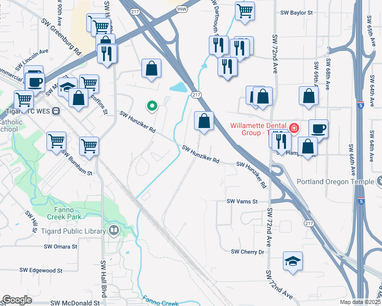 map of restaurants, bars, coffee shops, grocery stores, and more near 7904 Southwest Hunziker Street in Tigard