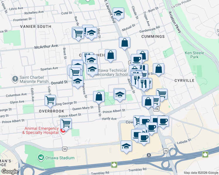 map of restaurants, bars, coffee shops, grocery stores, and more near 511 Wolffdale Crescent in Ottawa