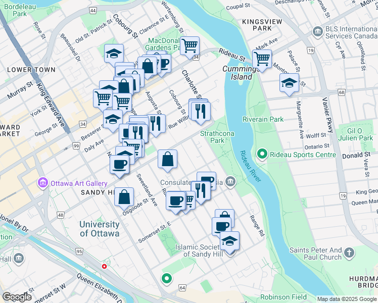 map of restaurants, bars, coffee shops, grocery stores, and more near 25 Goulburn Avenue in Ottawa