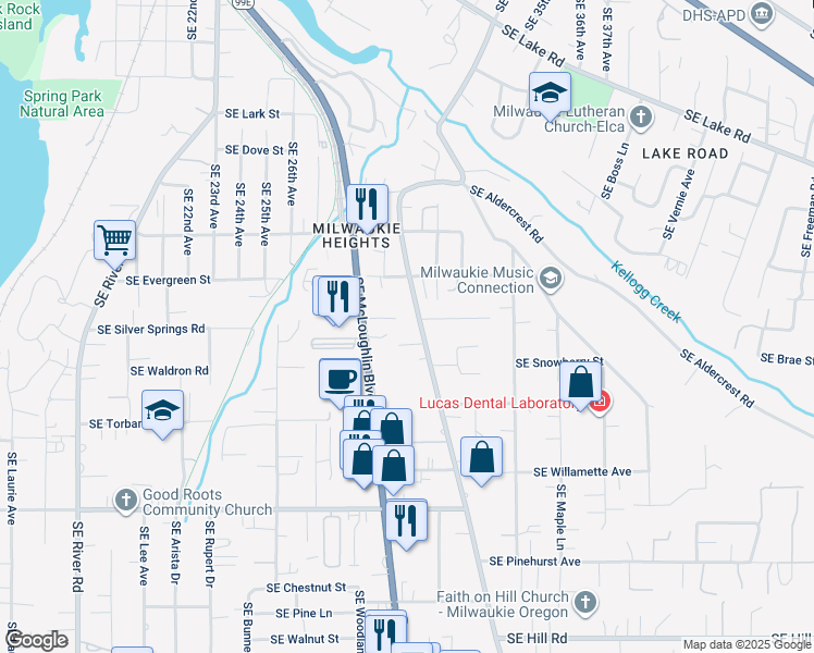 map of restaurants, bars, coffee shops, grocery stores, and more near 13211 Southeast Oatfield Road in Milwaukie