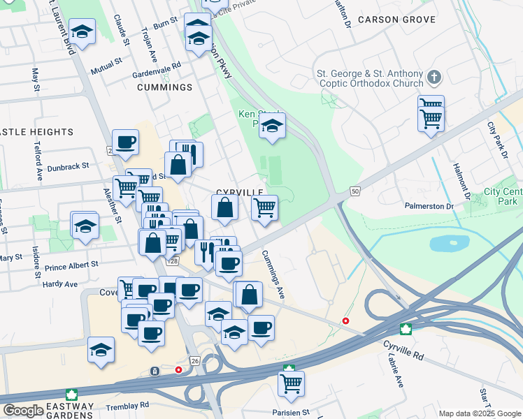 map of restaurants, bars, coffee shops, grocery stores, and more near 37 Strathaven Private in Ottawa