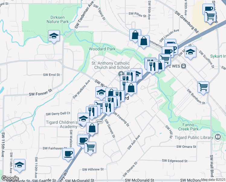 map of restaurants, bars, coffee shops, grocery stores, and more near 9975 Southwest Walnut Street in Portland