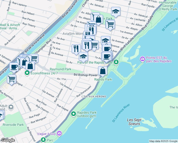 map of restaurants, bars, coffee shops, grocery stores, and more near 229 Boulevard Bishop-Power in Montréal