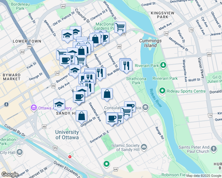 map of restaurants, bars, coffee shops, grocery stores, and more near in Ottawa