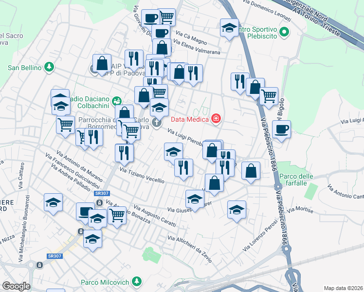 map of restaurants, bars, coffee shops, grocery stores, and more near 4 Via Grazioso Antonio in Padova