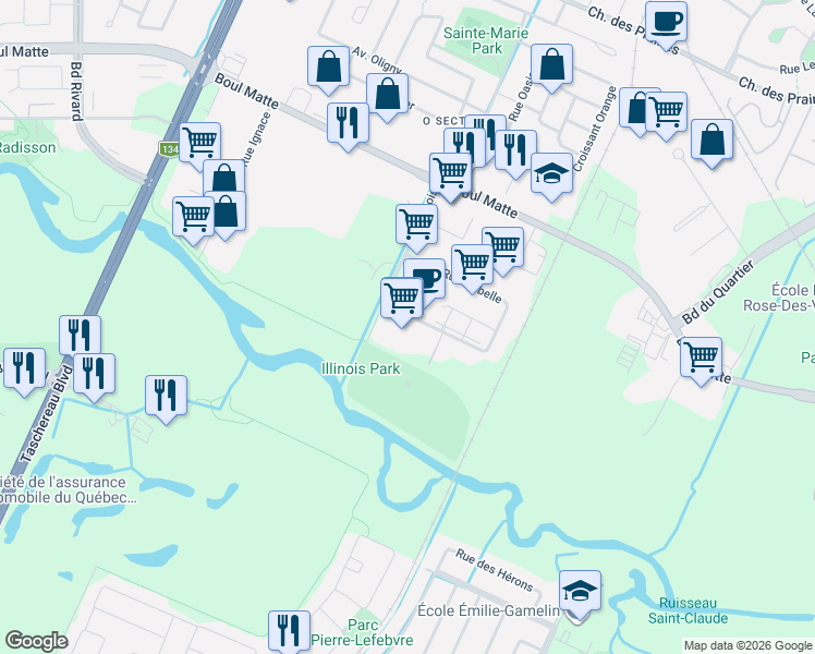 map of restaurants, bars, coffee shops, grocery stores, and more near 3905 Rue Isabelle in Brossard