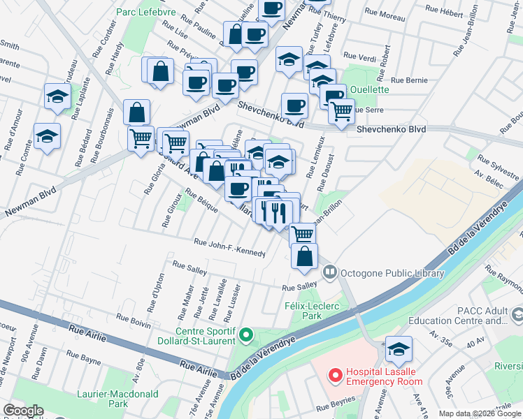 map of restaurants, bars, coffee shops, grocery stores, and more near 1513 Avenue Dollard in Montréal