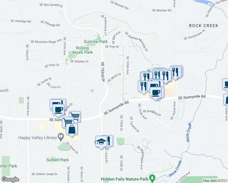 map of restaurants, bars, coffee shops, grocery stores, and more near 15309 Southeast Baron Loop in Happy Valley