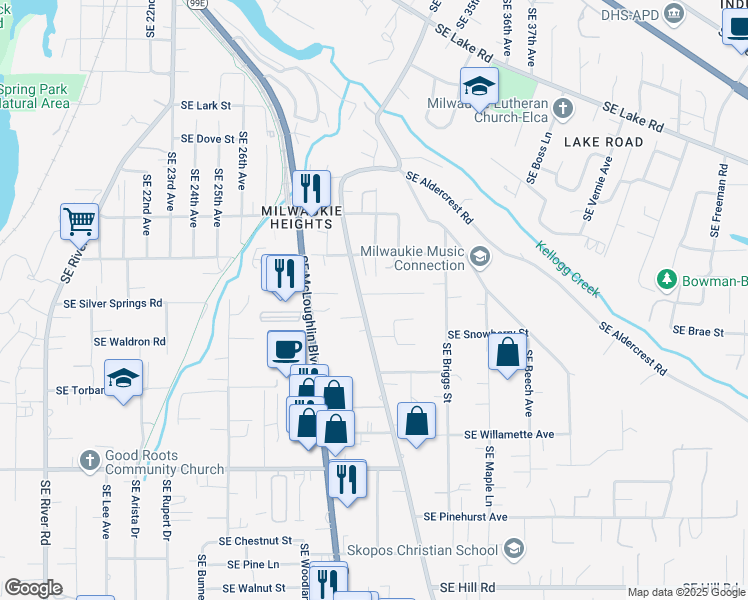 map of restaurants, bars, coffee shops, grocery stores, and more near 3124 Southeast Silver Springs Road in Milwaukie